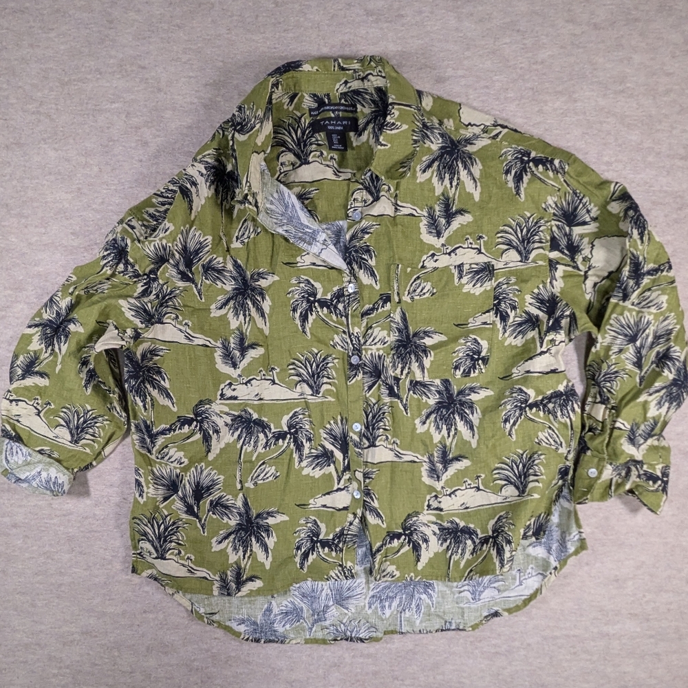 100% Linen Green Palm Tree Island Tropical Beachy Print Button-Up Shirt Large